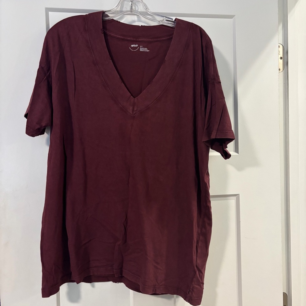aerie Short Sleeve V-Neck Tee in Deep Burgundy